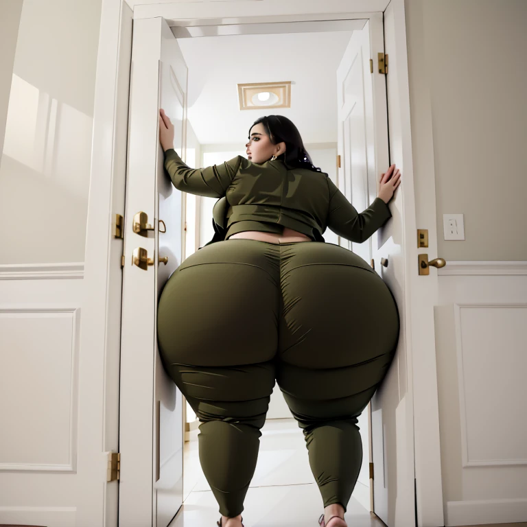 masterpiece, 1girl behind a doorway, from behind, (doorstuck, stuckback:1.3), ssbbw ,huge wide hips, round belly, thick thighs, giant butt,colorful clothing, wearing a olive green suit and tie and formal pants, upset, desperately trying to wiggle through, she tries to free herself but she won't budge, she is stuck tight view from behind, she is too wide, the doorway is quite narrow too, she kicks her legs furiously, trying to wiggle her hips through the small door, but its no good, the door is too small, she keeps trying to squeeze through with frustration, she is stuck too tight