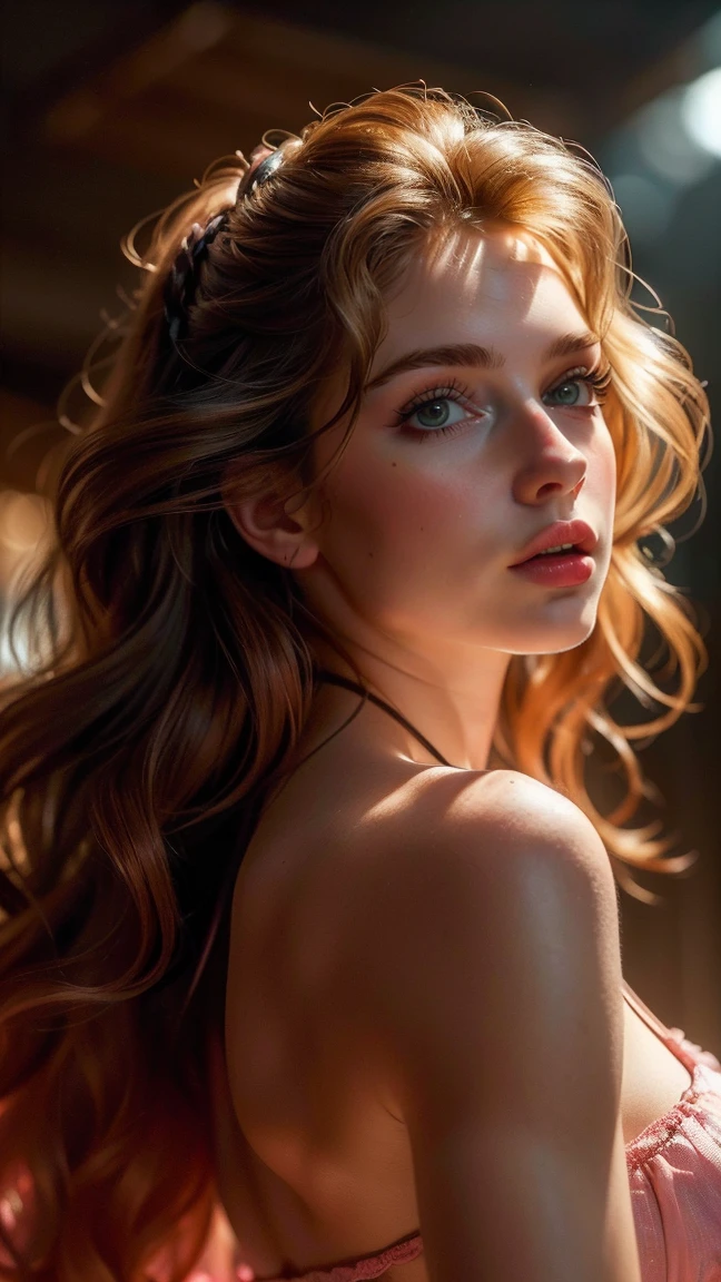 (((ultra realistic))) Photo, masterpiece, top quality, (pale skin), (Ultra detailed face and eyes:1.3), 1 girl, Adult, In Lifchik, ((Eye makeup, pink mascara)), ((large detailed lips)), ((pink wavy hair)), ((Chyolka)) , (Natural breasts), Slim waist. ((Posing)), photoshoot, studio (contour lighting), (The play of light and shadows), depth of field, bokeh, (special attention to skin detail: 1.2), Detailed leather texture, skin pores. (Light atmosphere of the frame. Color range - delicate, Bright, Yellow tones), UDR, ((Film grain)), ((rays)), (Glare), ((Photo from the back)) , ultra detialed, 