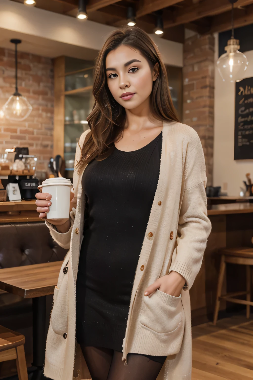 A beautiful girl, a true masterpiece of youthful allure choose an elegant dress a stylish sweater dress with tights. Add a chic coat for an elegant look. ambient: Visit a local cafe with a warm and inviting atmosphere. Savor delicious brunch items surrounded by the comforting aroma of coffee. She has silky brown hair, big brown-eyes, beautiful face, Shiny Facial Skin, no printing, very beautiful Instagram model, PICTURE REALISTIC. dynamic composition, motion, ultra detali, incredibily detailed, lot of details, incredible fine details and brush strokes, Soft.