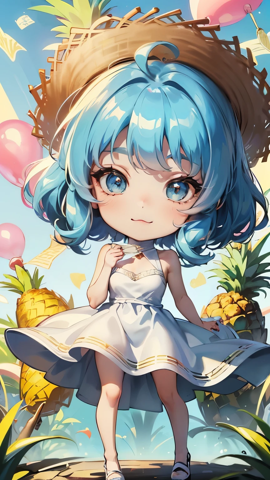 ((style:Colored pencil,pale colour)),(Chibi animation、One Chibi、masterpiece、Colored pencilで描かれた:1.2)、(Chibi Body、Small face、Cute all over、Light blue hair color, Short chignon hair:1.4),(Highly detailed eyes、Golden Eyes、Breast enlargement、Gloss Lip、 :3, Ahoge, Very thin legs)、(Big fresh pineapple:1.5)、(White dress、Straw hat、Memories of summer vacation:1.5),(The wind is blowing、Pineapple Wallpaper、Highly detailed art gems:1.4)、(Stylized anime, かわいいアートstyle, Anime-style illustrations, 8k, Cute girl anime visuals)
