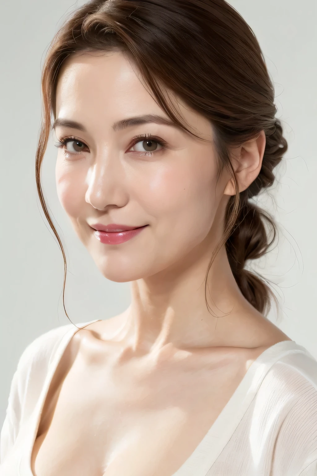 ((Best image quality, 8k, masterpiece:1.3)), A 50-year-old woman, Mature woman with wrinkles on her face:1.3, (Casual Hairstyles, Big Breastsの漏れなし:1.4), Nasolabial folds、Elderly, Low-cut bra,Ultra-fine face, Detailed eyes, double eyelid,smile,Small waist,Big Breasts,close,Chest close-up,White skin,Casual background,whole body