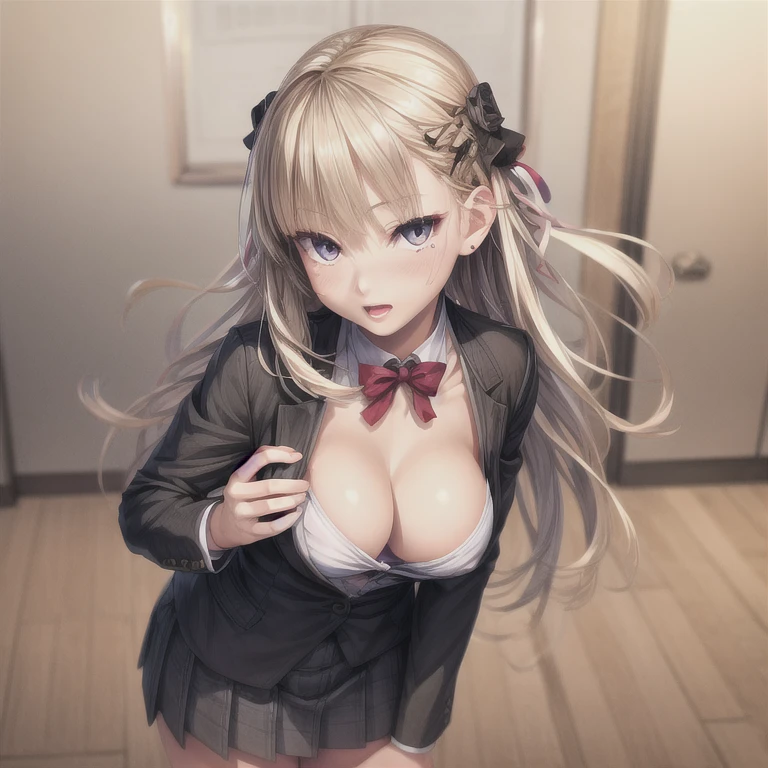 best quality, ultra high res, (photorealistic:1.4), 1girl, button shirt, black skirt, school, dark brown hair, breasts, (blonde hair:1.2), looking at viewer, (highly detailed face:1.1),,  (PureErosFace_V1:0.8),tiktok,  