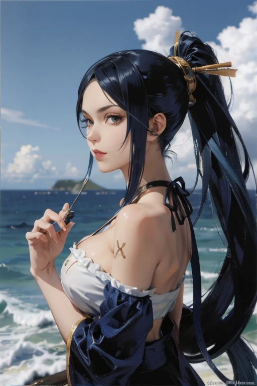 (full-length portrait),(pirate costume),a close up of a woman with a very long hair,(high ponytail), (blue color hair) ,near the ocean, detailed digital anime art, photorealistic anime girl render, extremely detailed artgerm, ig model artgerm, realistic anime 3 d style, realistic anime artstyle, artgerm. high detail, anime style 4 k, nico robin