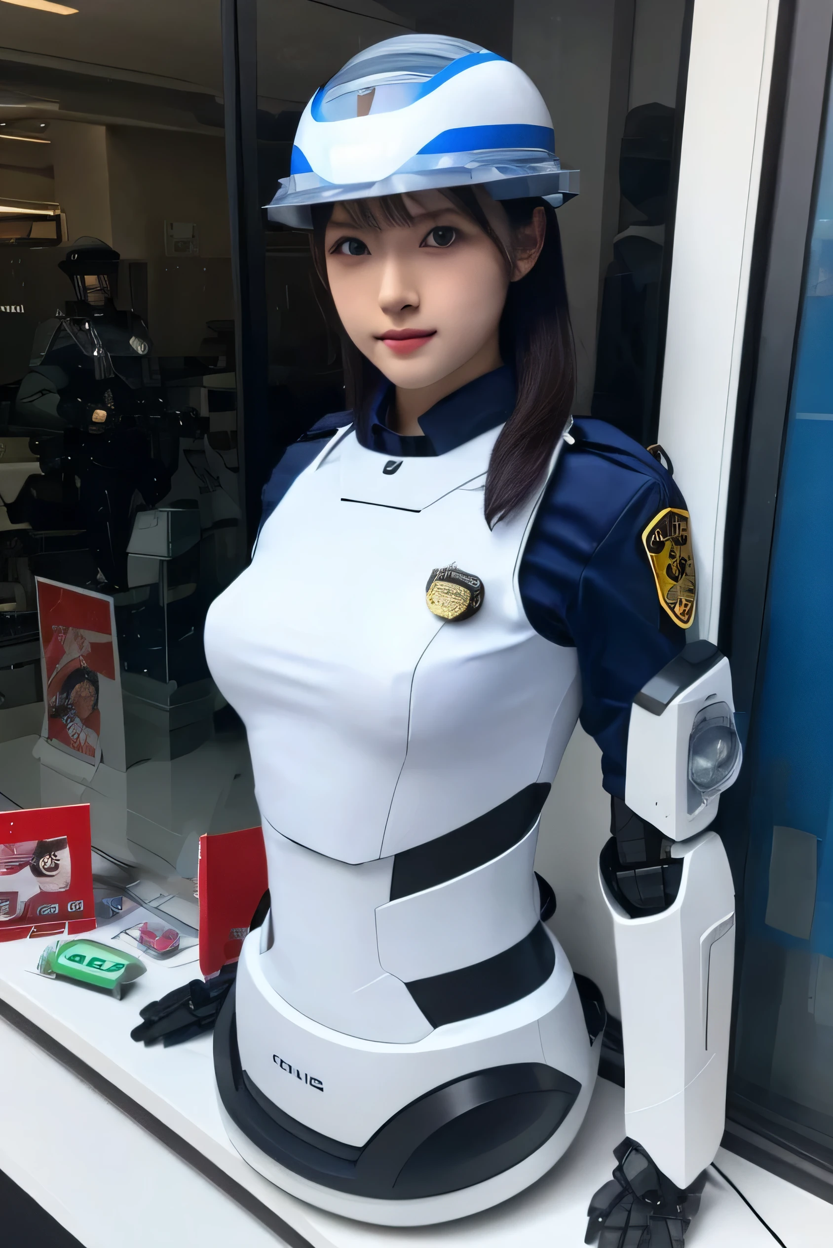 masterpiece, best quality, extremely detailed, Japanese android girl,Plump ,control panels,robot arms,robot,android,cyborg,white robot body,ceramic body,perfect robotgirl,police,helmet,head cover,police uniform,blue eyes,