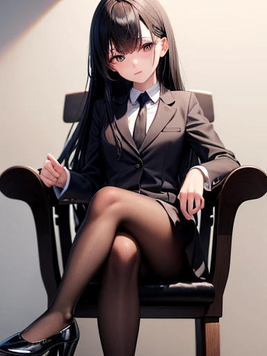 Highest quality、masterpiece、Sleeping Girl、Long black hair、Black suit、Black Skirt、Black tights、Black pumps、OL、office、Sitting in a chair、Crossing your legs、One shoe is coming off