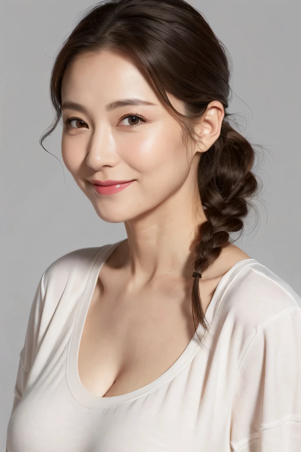 ((Best image quality, 8k, masterpiece:1.3)), A 50-year-old woman, Mature woman with wrinkles on her face:1.3, (Casual Hairstyles, Big Breastsの漏れなし:1.4), Nasolabial folds、Elderly, Low-cut bra，Ultra-fine face, Detailed eyes, double eyelid，smile，Small waist，Big Breasts，close，Chest close-up，White skin，Casual background，Full body