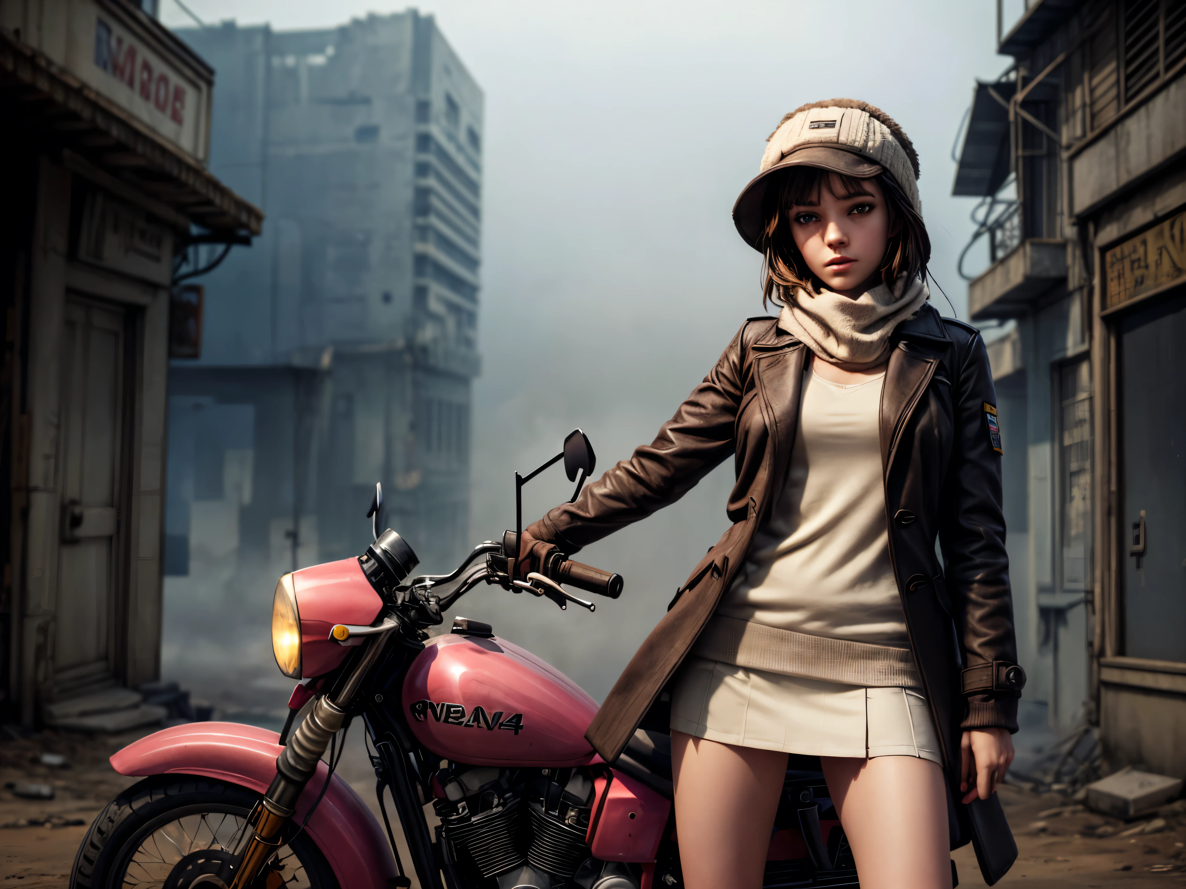 masterpiece, highest quality, (solo focus), (perfect face:1.1), (high detail:1.1), 1girl, brown hair, blue eyes, (pink, cream, and brown clothes), large scarf, ((cream pea coat)), brown short skirt, ((pink cabbie hat)), ((rifle)), ((m14)), detailed background, wasteland, leaning on motorcycle, heavy fog, eerie cityscape, cinematic lighting