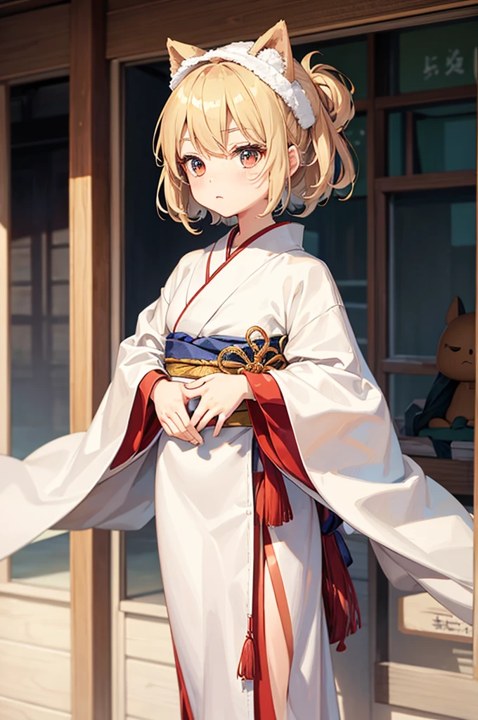 Wooden Humanoid Puppet,Wood grain body,child女に似せて作られた,wear the kimono,child,児,Small,Illustrated,((Hand out a towel)),zoom in, body is doll
