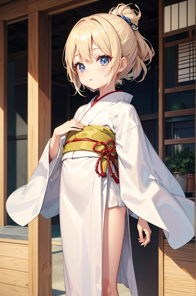 Wooden Humanoid Puppet,Wood grain body,child女に似せて作られた,wear the kimono,child,児,Small,Illustrated,((Hand out a towel)),zoom in, body is doll