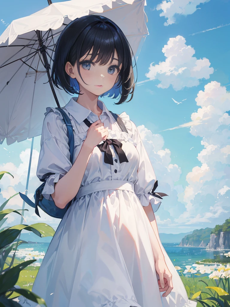1 Female、A moment of summer、Blue sky and white cumulonimbus clouds、Sunlight、A cool breeze passing through the grass、Painting like Monet、Black short hair、Even bangs、Thin eyebrows、Big eyeoist lips、Natural Tone Makeup、Thin jaw、Allure White Dress Shirt、Open the collar、Close-up shot