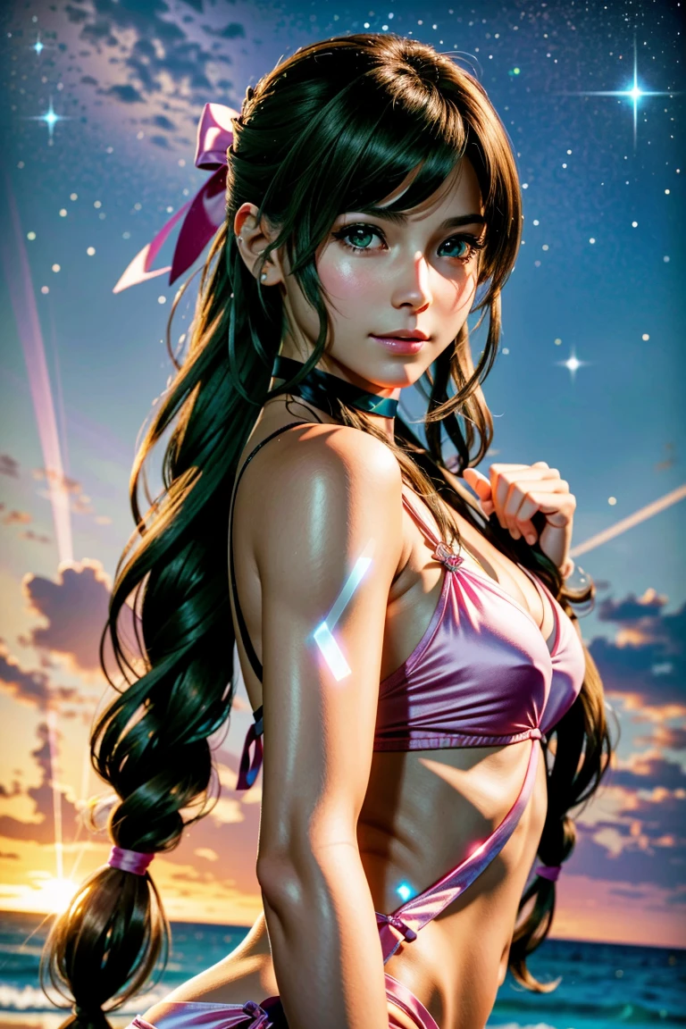 
Aerith,FF7, Long Hair, bangs, Brown Hair, bow, ribbon, jewelry, Green Eyes,  hair ピンクribbon, Braiding, hair bow, Side Lock, choker, necklace, lips, parted bangs, pink bow, Portraiture, Realistic,Super high quality,high quality,masterpiece,Digital SLR,Detailed explanation,Exquisite details,Anatomical basis,Detailed Description,Detailed face,Realistic skin texture,Sharp details,Perfect Anatomy,Perfect Anatomy,Anatomically correct hand,Anatomically correct fingers,Super Detail,Complex 3D rendering,Sexy pose,The beautiful world of Final Fantasy 7,Pink ruffled swimsuit,Wet,Beautiful night sky,A starry sky,Beautiful beaches,Fantastic night beach,shooting star,Fantasy worldview,Picturesque,Pink Lips,smile,Brighten up your expression,