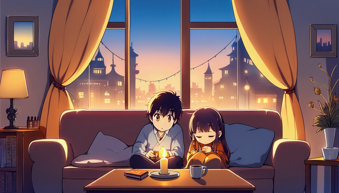 Ghibli style, in a cozy room at dusk. A girl sleeps comfortably on a pouf, and a boy takes a nap sitting on the sofa. The picture is in shades of yellow, blue, and orange. A large window shows the cityscape in the evening light. An aromatic candle flickers gently on the coffee table, adding to the warm, serene atmosphere.