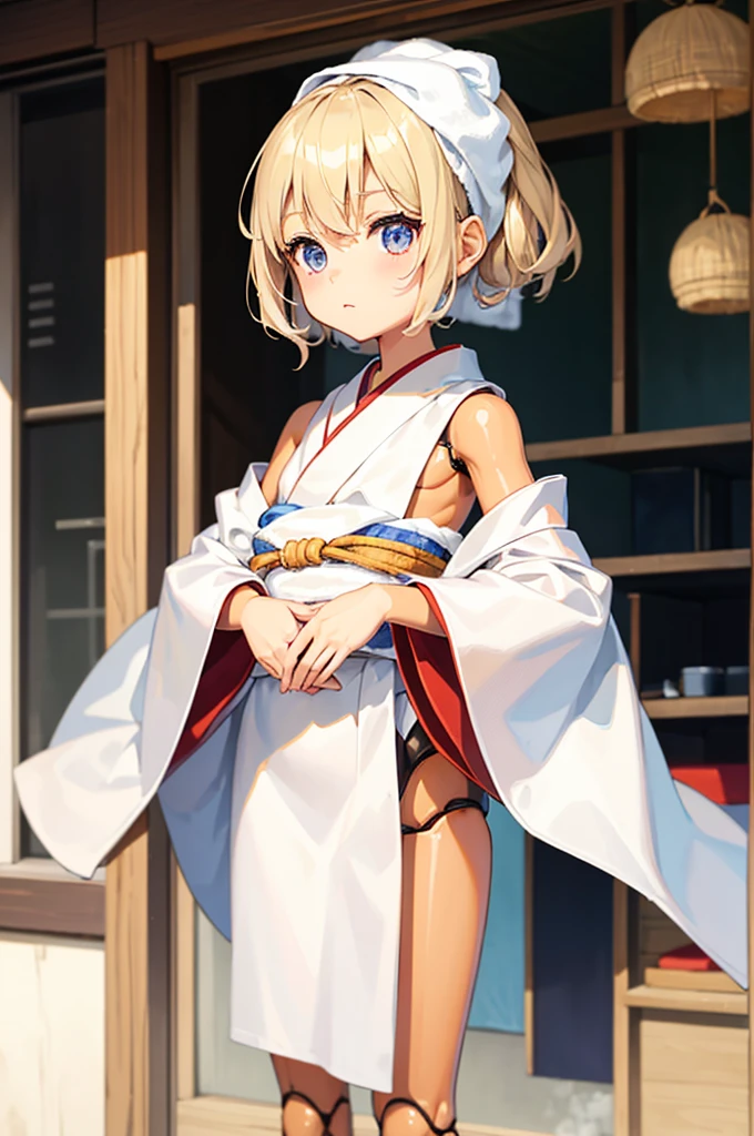 Wooden Humanoid Puppet,Wood grain body,child女に似せて作られた,wear the kimono,child,児,Small,Illustrated,((Hand out a towel)),zoom in, body is doll