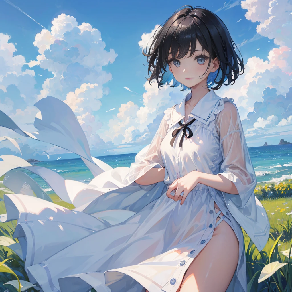 1 Female、A moment of summer、Blue sky and white cumulonimbus clouds、Sunlight、A cool breeze passing through the grass、Painting like Monet、Black short hair、Even bangs、Thin eyebrows、Big eyeoist lips、Natural Tone Makeup、Thin jaw、Allure White Dress Shirt、Open the collar、Close-up shot