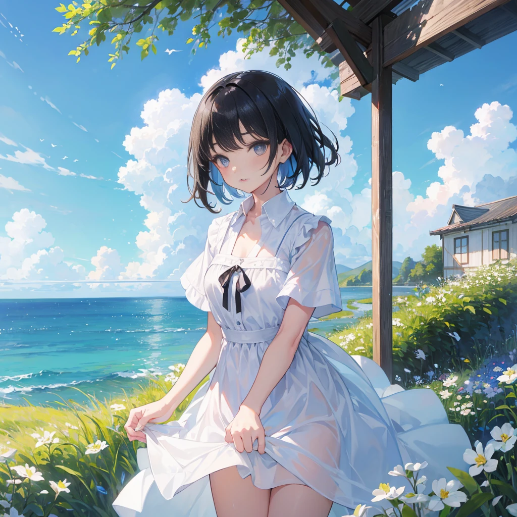 1 Female、A moment of summer、Blue sky and white cumulonimbus clouds、Sunlight、A cool breeze passing through the grass、Painting like Monet、Black short hair、Even bangs、Thin eyebrows、Big eyeoist lips、Natural Tone Makeup、Thin jaw、Allure White Dress Shirt、Open the collar、Close-up shot