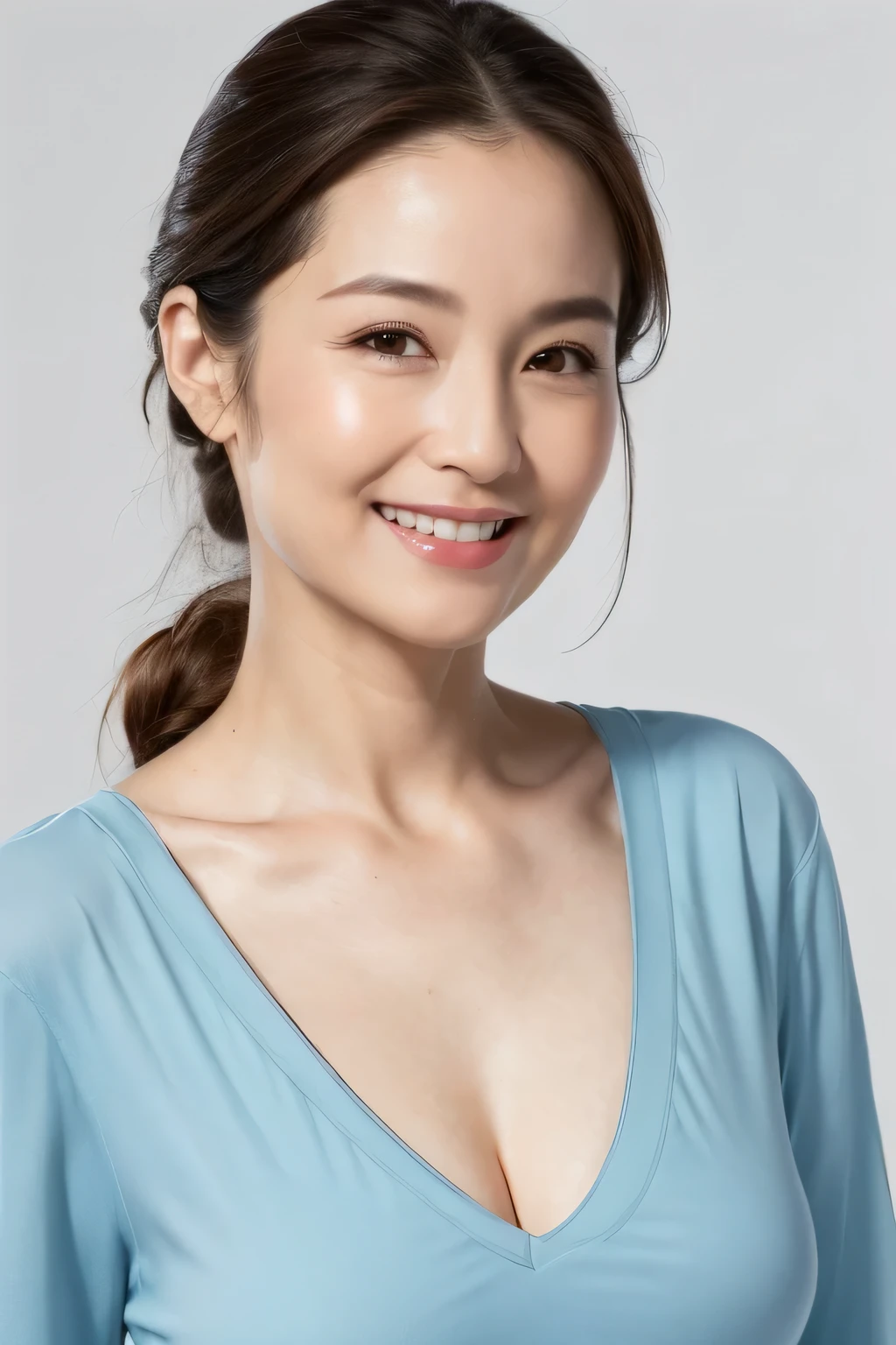 ((Best image quality, 8k, masterpiece:1.3)), A 50-year-old woman, Mature woman with wrinkles on her face:1.3, (Casual Hairstyles, Big Breastsの漏れなし:1.4), Nasolabial folds、Elderly, Low-cut bra，Ultra-fine face, Detailed eyes, double eyelid，smile，Small waist，Big Breasts，close，Chest close-up，White skin，Casual background，Full body