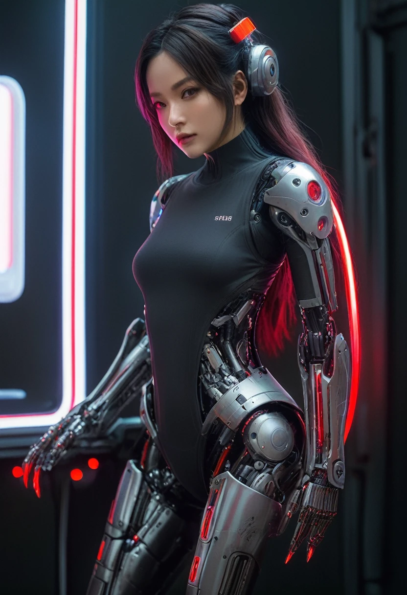 xxmixgirl. Highly detailed professional 35mm film, bokeh, face in sharp focus. A robotic female, Miku, with ((metal skin)), ((perfect Asian eyes)) with magenta irises and ((black pupils)), beautiful serious (detailed face), 18 year old ((photorealistic face)), very long magenta twin tails of magenta hair, twin black hair ties with a single red stripe. She may have a black audio headpiece. We can see her ((full body)) down to her boot soles. Her outfit is a sleeveless collared light grey shirt, outlined in red around the frilled collar and hems. Shiny reflective ((metallic breast cups, dimpleless)), invisible nipples. She wears black sleeves with red hems that start around her upper arm and bellow out as the sleeves open and extend to her wrists, with wide trumpet red rimmed cuffs. She has perfect robotic (detailed hands). She wears a red colored tie with two horizontal solid parallel black lines halfway across. She wears a fabric black skirt with a horizontal red hem at the bottom all the way around; her (((black skirt wraps around her))) and ((her skirt completely covers)) her robotic waist and thighs. Tall black boots with red bottom soles, a red rim around the top at her thighs. Her mechanical shoulder joints are visible. We can see her robotic legs and robotic neck. Half of her is covered with shiny polished machinery. The background is a distant dark neon futuristic Japanese city, gold, cyan, violet neon, near harbor or mountains.