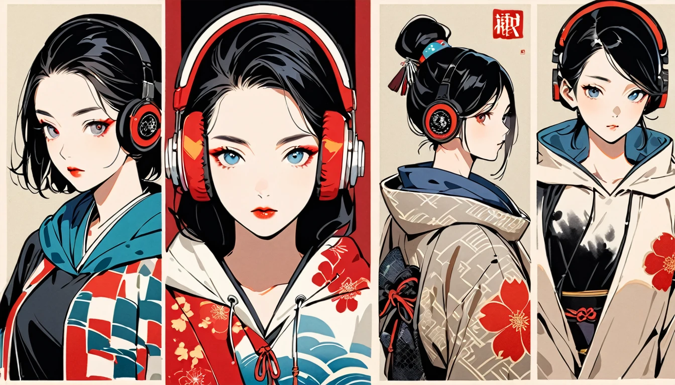 (((Ink Painting))), Fashion portrait color photos, (((1 girl))), (((Flashy makeup))), (((Japanese style headphones))), (((Japanese pattern hoodie))), (((Put on the hood))), Japan人の美少女, Black Hair, Delicate and precise, Modern ukiyo-e style,Japan, Japanese flag, Red and Blue