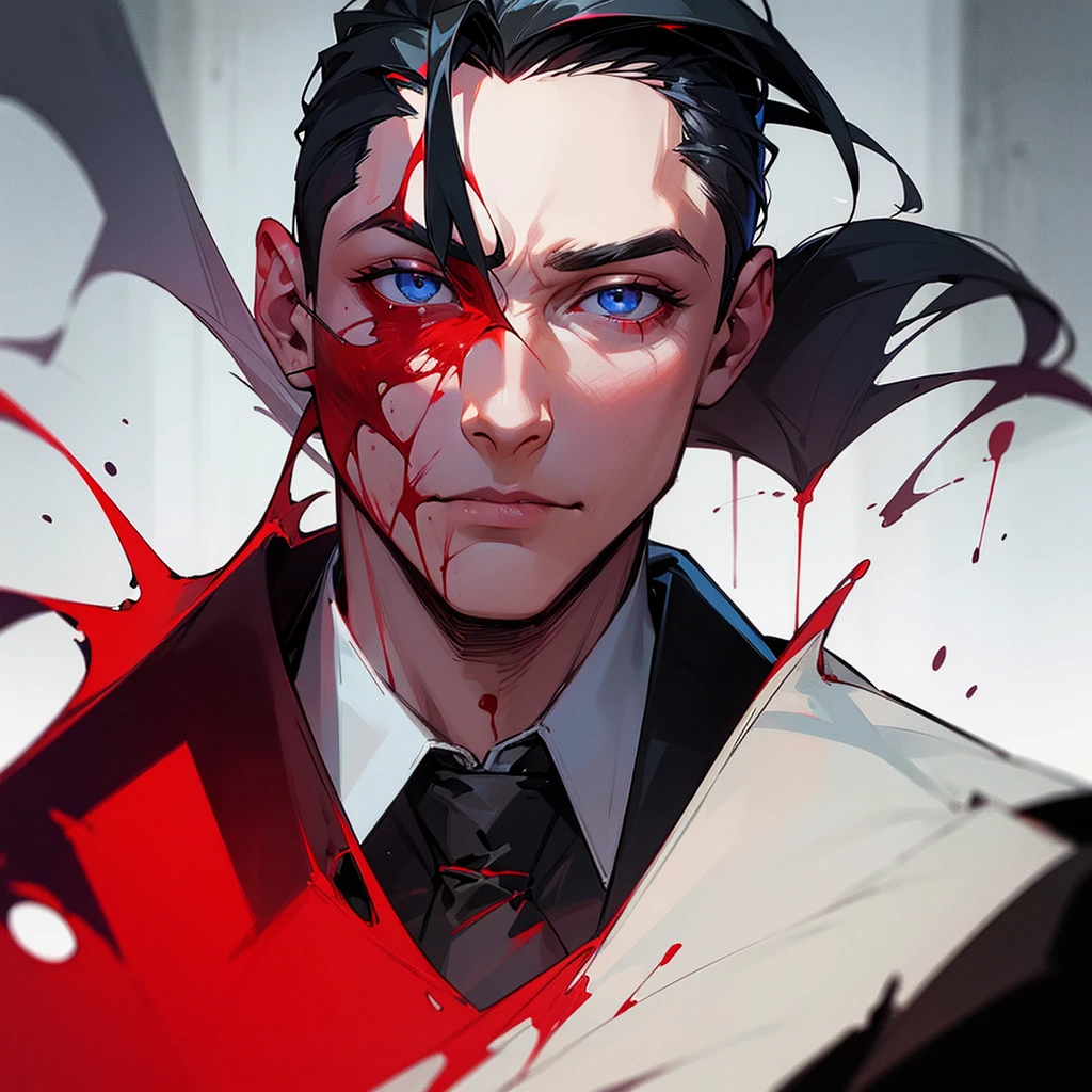 Man with slicked back hair, blood on part of the face, american psycho, high qualiy, face detailed, centralized, dark lighting