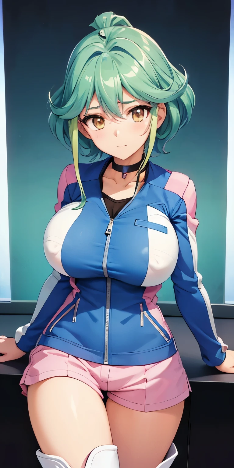 1 Female,High definition,high resolution,Ultra-realistic,8K, rin_arc_v,blue jacket,long sleeves,black choker,pink shorts,white thighs boots, multicolored hair,yellow eyes,European,sexy,Upper body close-up,Photographed from the front,Dynamic Angles,private teacher,blush, huge tits, nipples ,show tits , pretty ,(pov , closed shot:1.3)