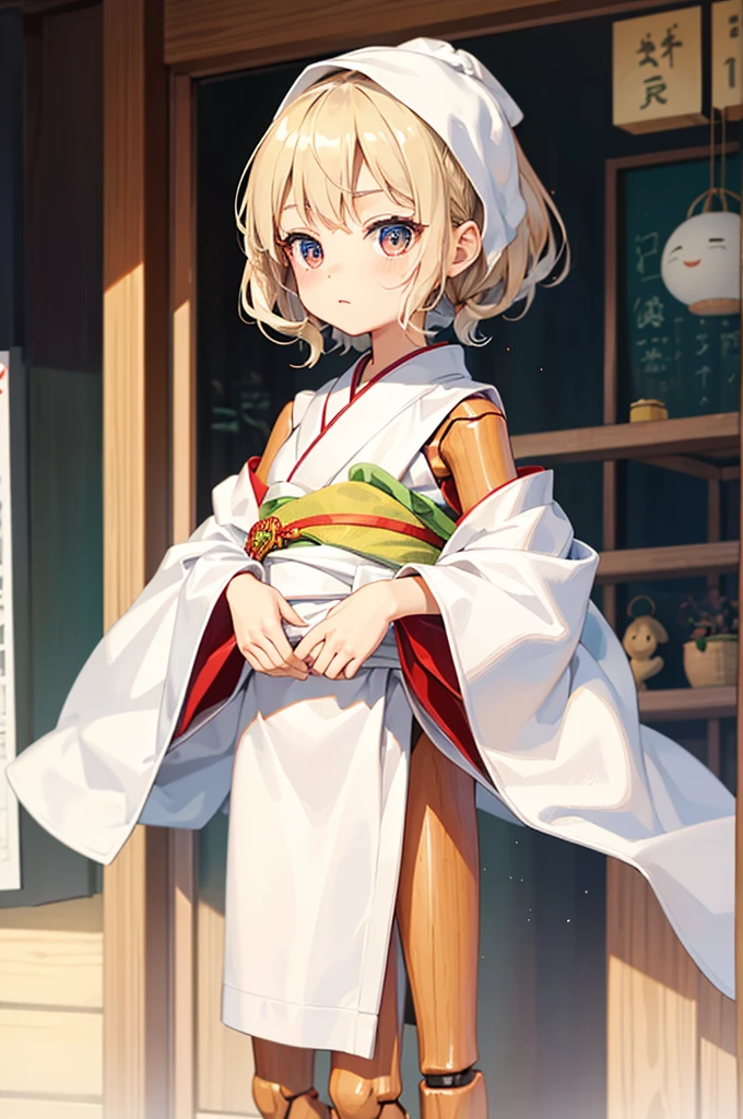 Wooden Humanoid Puppet,Wood grain body,child女に似せて作られた,wear the kimono,child,児,Small,Illustrated,((Hand out a towel)),zoom in, body is doll