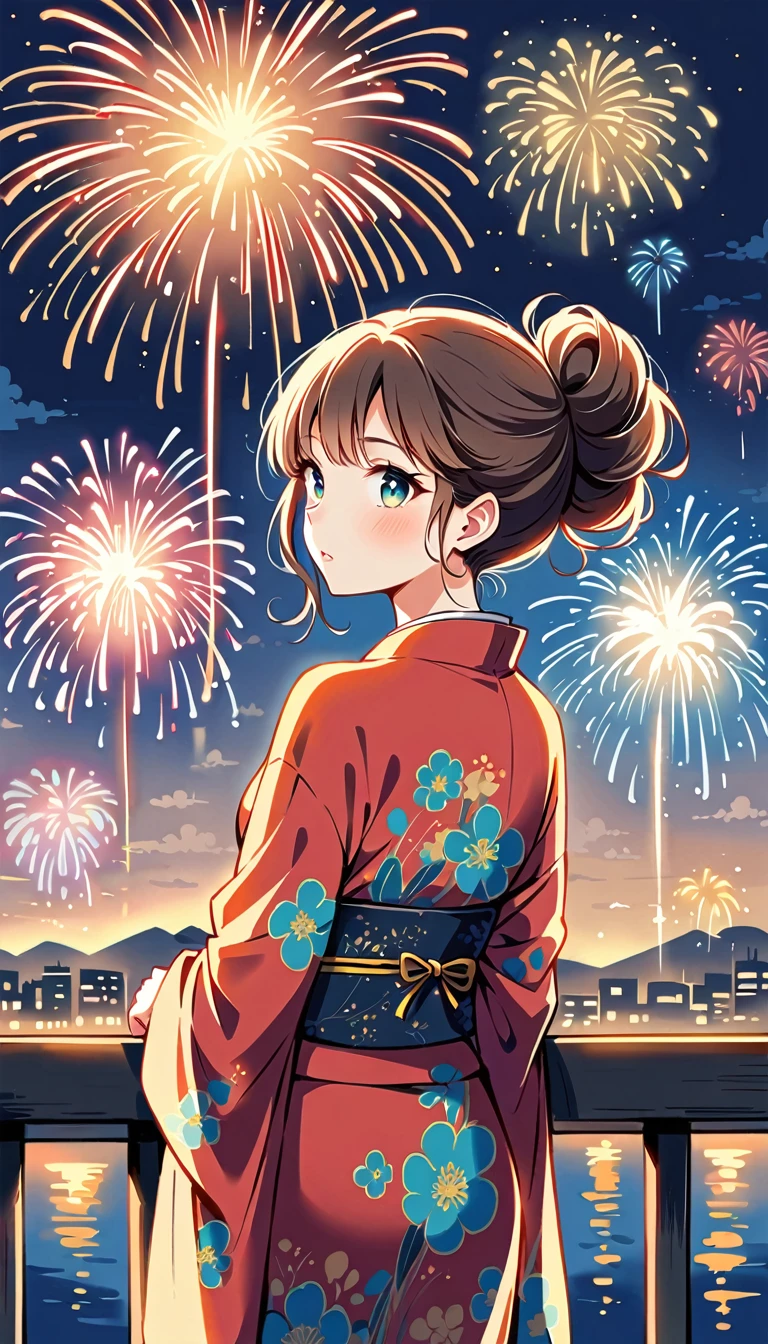 Watase Seizo style, kimono, Simple line initials,shining pupils,((fireworks show, city)), (((The Most Beautiful Girl))), vivid colors, back, Off-Solder,