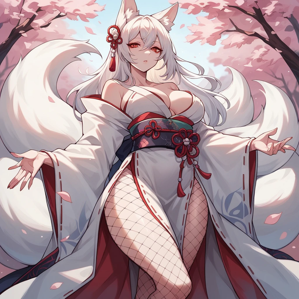 Curvy white-haired 9-tailed kitsune wearing a fur-lined robe and a cherry blossom kimono, wearing thigh-high fishnet stockings (alone)(Alone), alone, Alone