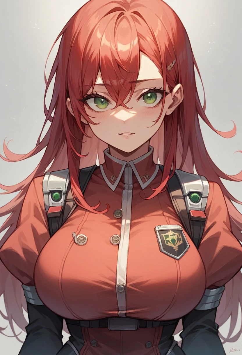 (masterpiece), best quality, expressive eyes, perfect face, sci fi academy uniform, very large breasts, black and red hair, green eyes