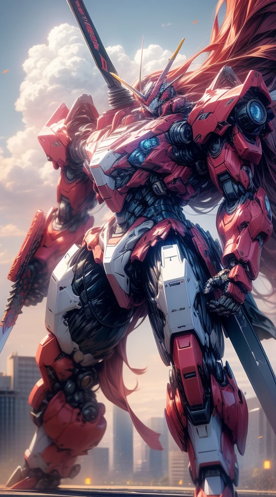 sky, cloud, tenure_weapon, No_humans, bright, Robot gigante, camera look, Gundam, (Japan sword), dual grip, Robot gigante, Japan, building, bright_eyes, mecha, Science fiction, Japan, city, reality, mecha, combat, laser,cannon, weapons