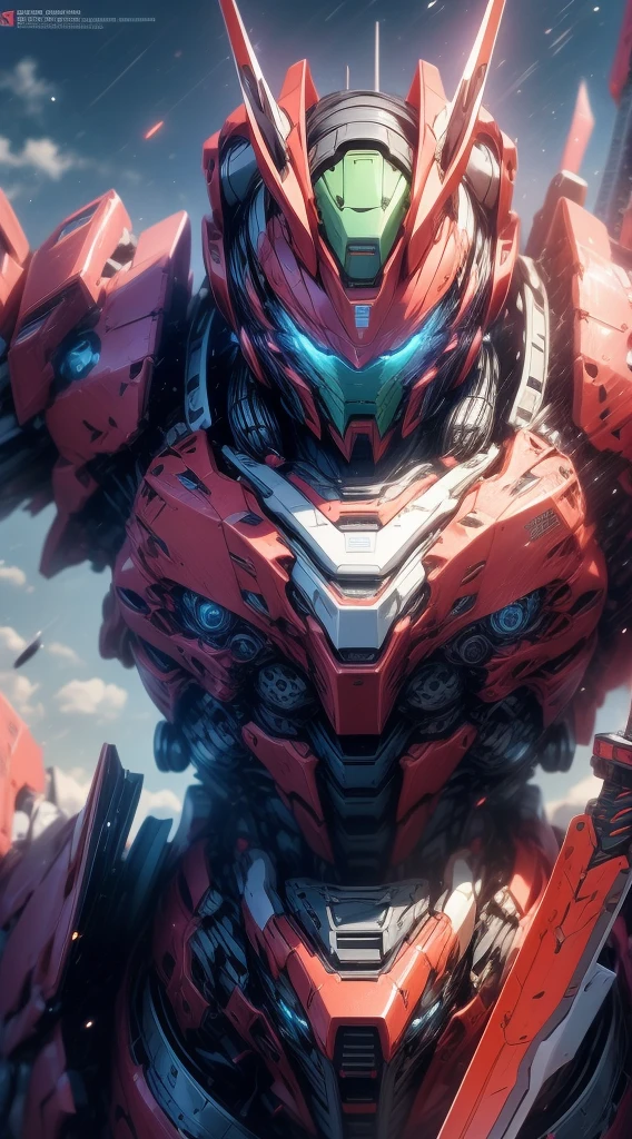 sky, cloud, tenure_weapon, No_humans, bright, Robot gigante, camera look, Gundam, (Japan sword), dual grip, Robot gigante, Japan, building, bright_eyes, mecha, Science fiction, Japan, city, reality, mecha, combat, laser,cannon, weapons