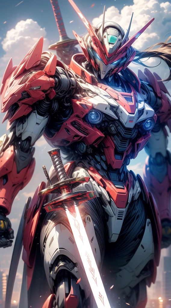 sky, cloud, tenure_weapon, No_humans, bright, Robot gigante, camera look, Gundam, (Japan sword), dual grip, Robot gigante, Japan, building, bright_eyes, mecha, Science fiction, Japan, city, reality, mecha, combat, laser,cannon, weapons