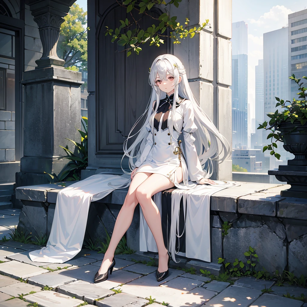 1 woman, long white hair, silver eyes, short white dress, sitting on a stone bench with legs crossed
