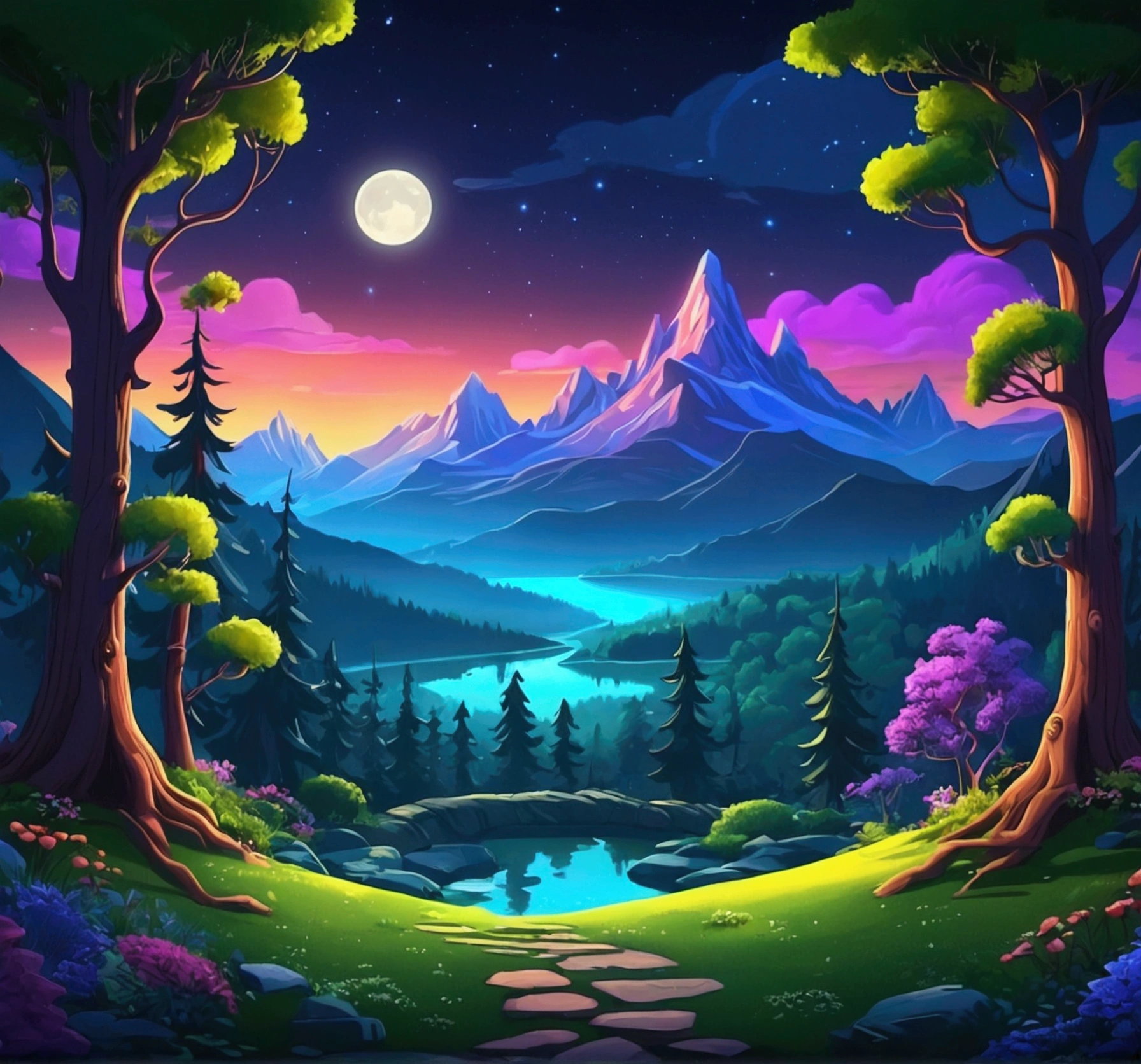 enchanted forest night mountains and trees cartoon quality 4k image