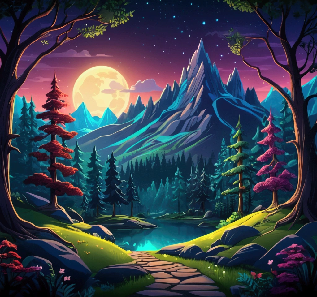 enchanted forest night mountains and trees cartoon quality 4k image