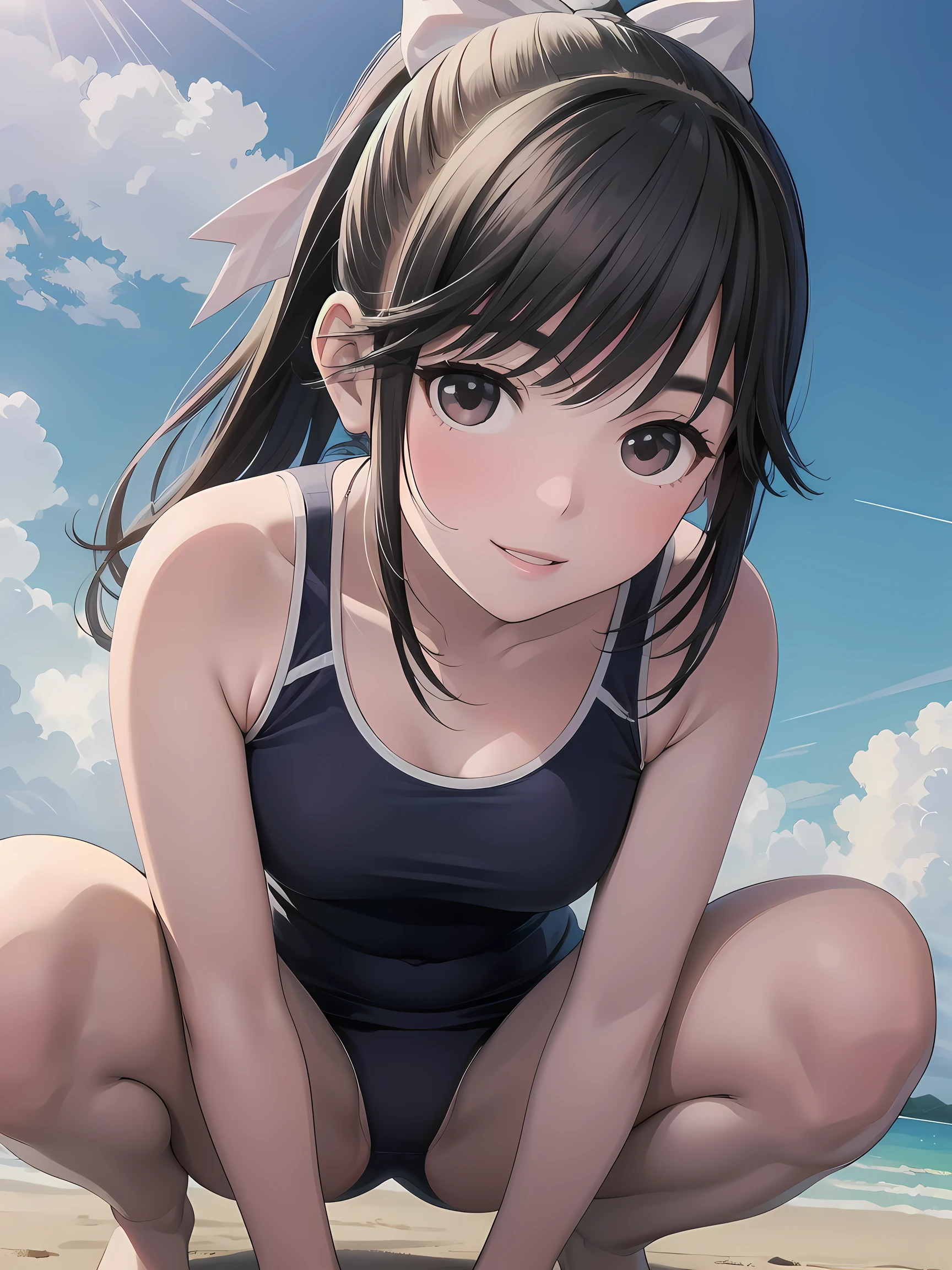 (realistic, photo realistic:1.2), ((highest quality)), move the center of gravity backwards, pretty embarrassing, takane manaka, ponytail, hair bow, School swimsuit, Tiny breasts, (squat:1.4), put the heel on the ground, spread legs, squat with your knees up, Attach your ass to the ground, beautiful face details, real human skin, gentle expression, Front view, angle from below, realistic, photorealistic, cute, squat deep on beach, whole body, Smile, natural smile, charming smile, enchanting smile, (looking at the viewer:1.2), From before, from below, (wind:1.1)