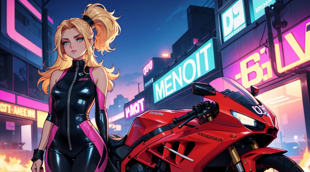 In the dimly-lit, neon-soaked world of 80's synthwave, a stunning blonde woman exudes effortless cool next to her motorcycle. Her long hair pulled back in a sleek ponytail, she dons a form-fitting racing outfit that perfectly complements the retro aesthetic. This scene is captured in a high-quality photograph, showcasing every meticulous detail with crystal clarity. The vibrant colors pop against the dusky backdrop, evoking a sense of nostalgia and style that transports viewers to a bygone era of glamour and speed