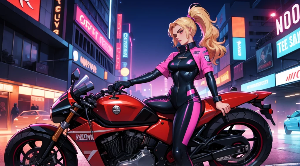 In the dimly-lit, neon-soaked world of 80's synthwave, a stunning blonde woman exudes effortless cool next to her motorcycle. Her long hair pulled back in a sleek ponytail, she dons a form-fitting racing outfit that perfectly complements the retro aesthetic. This scene is captured in a high-quality photograph, showcasing every meticulous detail with crystal clarity. The vibrant colors pop against the dusky backdrop, evoking a sense of nostalgia and style that transports viewers to a bygone era of glamour and speed