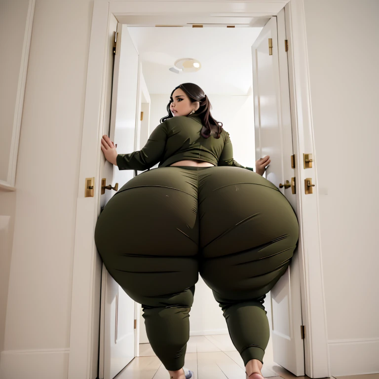 masterpiece, 1girl behind a ship's doorway, from behind, (doorstuck, stuckback:1.3), ssbbw ,huge wide hips, round belly, thick thighs, giant butt,colorful clothing, wearing a olive green suit and tie and formal pants, upset, desperately trying to wiggle through, she tries to free herself but she won't budge, she is stuck tight view from behind, she is too wide, the doorway is quite narrow too, she kicks her legs furiously, trying to wiggle her hips through the small door, but its no good, the door is too small, she keeps trying to squeeze through with frustration, she is stuck too tight
