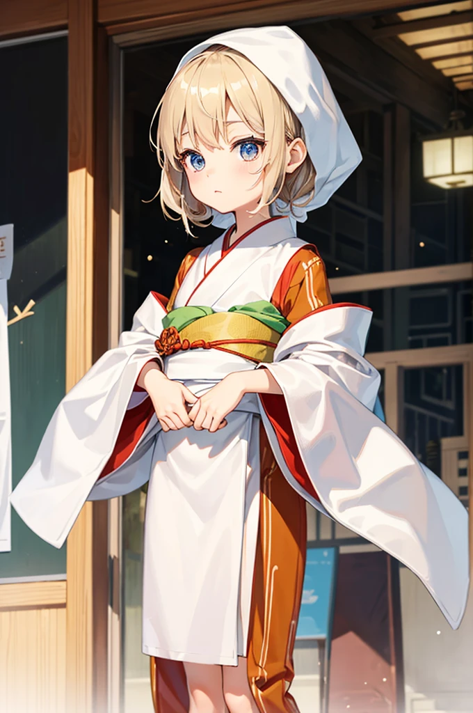 Wooden Humanoid Puppet,Wood grain body,child女に似せて作られた,wear the kimono,child,児,Small,Illustrated,((Hand out a towel)),zoom in, body is doll