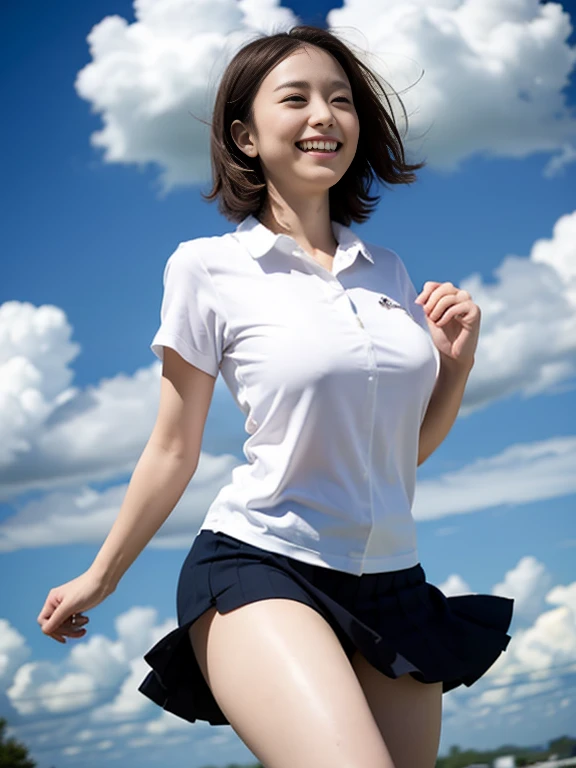 １８Year old girl、A uniform skirt fluttering in the wind、Beautiful feet、cloud、（（Thighs, thighs, thighs））、Big ample breasts、smile、White shirt、Wide open chest、（Butt）、short hair、 information