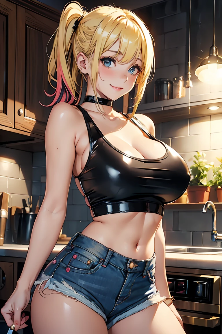 big breasts, Beautiful busty ((1 cute and beautiful girl)), ((multicolored blonde hair with bangs))Extremely sexy body, ((beautiful black latex tank top, denim shorts)), shy smile, blush, (looking at the viewer), in a beautiful romantic kitchen