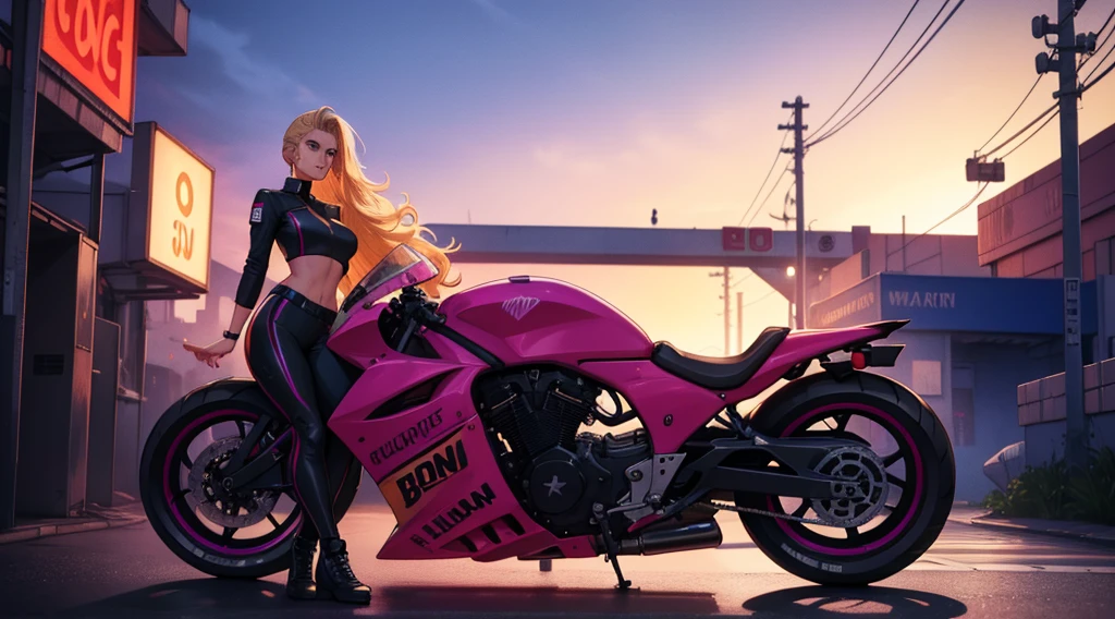 In the dimly-lit, neon-soaked world of 80's synthwave, a stunning blonde woman exudes effortless cool next to her motorcycle. Her long hair pulled back in a sleek ponytail, she dons a form-fitting racing outfit that perfectly complements the retro aesthetic. This scene is captured in a high-quality photograph, showcasing every meticulous detail with crystal clarity. The vibrant colors pop against the dusky backdrop, evoking a sense of nostalgia and style that transports viewers to a bygone era of glamour and speed