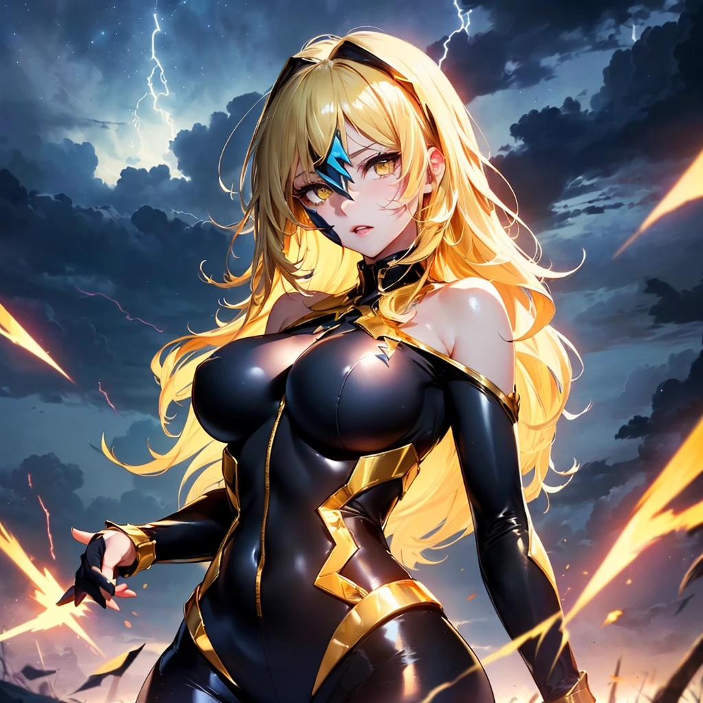 top-quality、Top image quality、​masterpiece、girl with((18year old、Best Bust、big bast、Bust 85,beautiful golden eyes、Breasts wide open,Blonde long hair、A slender、Large valleys、Gold Bodysuit, Reflecting the whole body, Shoot lightning from your hands)）hiquality、Beautiful Art、Background with((night sky、black clouds、lightning bolt、Intense thunder、Thunderbolt、Red thunder、Blue lightning strike、Gold Thunder)))masutepiece、visualart、depth of fields、sky at night