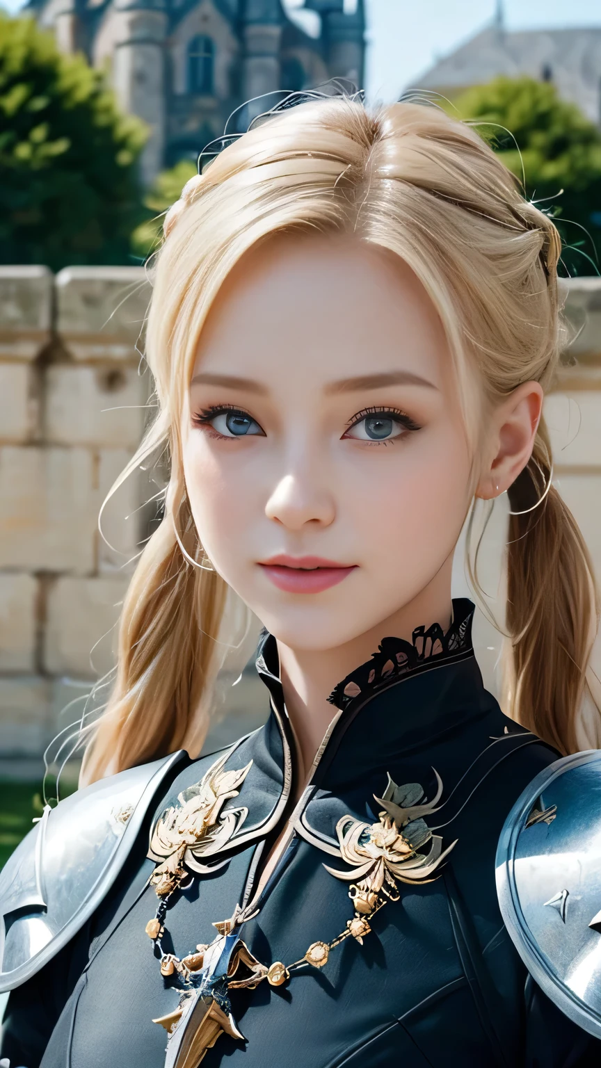 Highest quality、masterpiece、Delicate and beautiful face、Eye and facial details、female knight、Beautiful woman、Black clothes、Cosplay、Medieval European castle in the background、Textured skin、Super Detail、Attention to detail、Blonde、Blue Eyes、smile、Twin tails、Beautiful girl、Fighting