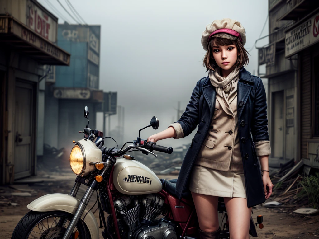 masterpiece, highest quality, (solo focus), (perfect face:1.1), (high detail:1.1), 1girl, brown hair, blue eyes, (pink, cream, and brown clothes), large scarf, ((cream pea coat)), brown short skirt, (((newsboy hat))), detailed background, wasteland, leaning on motorcycle, heavy fog, eerie cityscape, cinematic lighting
