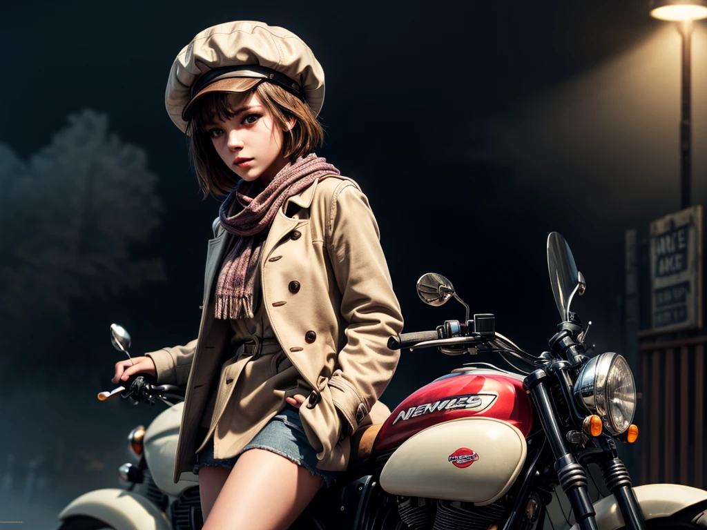 masterpiece, highest quality, (solo focus), (perfect face:1.1), (high detail:1.1), 1girl, brown hair, blue eyes, (pink, cream, and brown clothes), large scarf, ((cream pea coat)), brown short skirt, (((newsboy hat))), detailed background, wasteland, leaning on motorcycle, heavy fog, eerie cityscape, cinematic lighting
