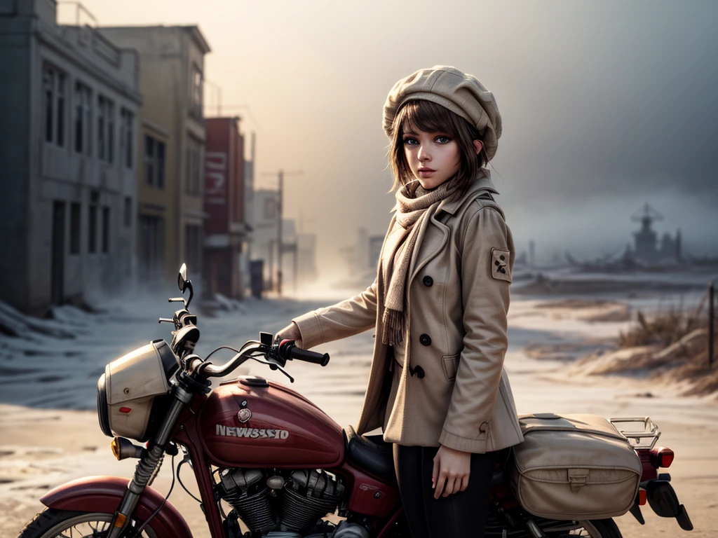 masterpiece, highest quality, (solo focus), (perfect face:1.1), (high detail:1.1), 1girl, brown hair, blue eyes, (pink, cream, and brown clothes), large scarf, ((cream pea coat)), brown short skirt, (((newsboy hat))), detailed background, wasteland, leaning on motorcycle, heavy fog, eerie cityscape, cinematic lighting
