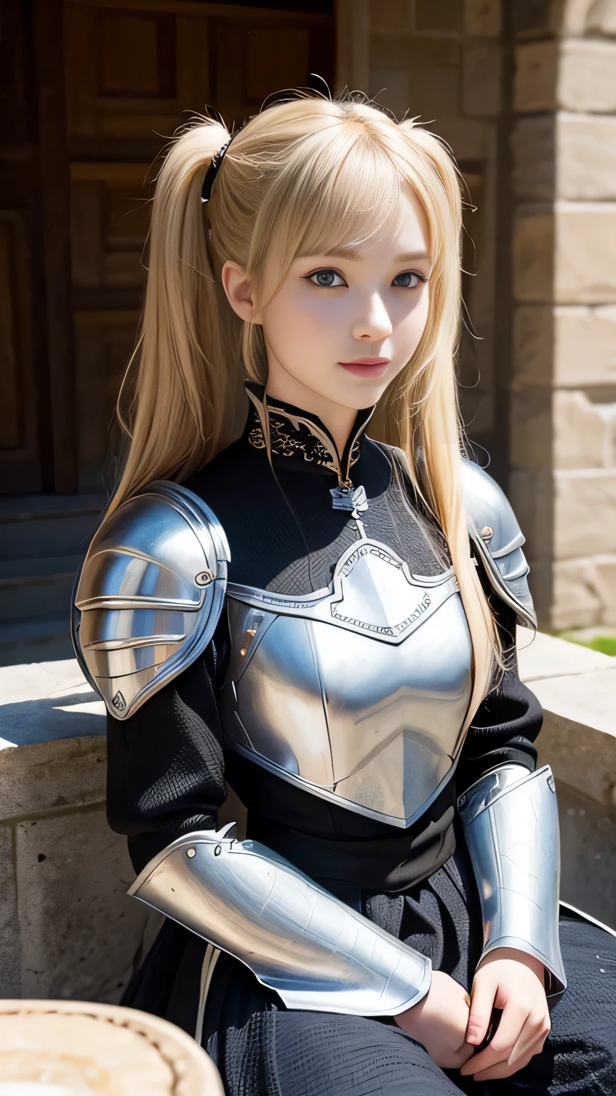 Highest quality、masterpiece、Delicate and beautiful face、Eye and facial details、female knight、Beautiful woman、Black clothes、Cosplay、Medieval European castle in the background、Textured skin、Super Detail、Attention to detail、Blonde、Blue Eyes、smile、Twin tails、Beautiful girl、Sitting