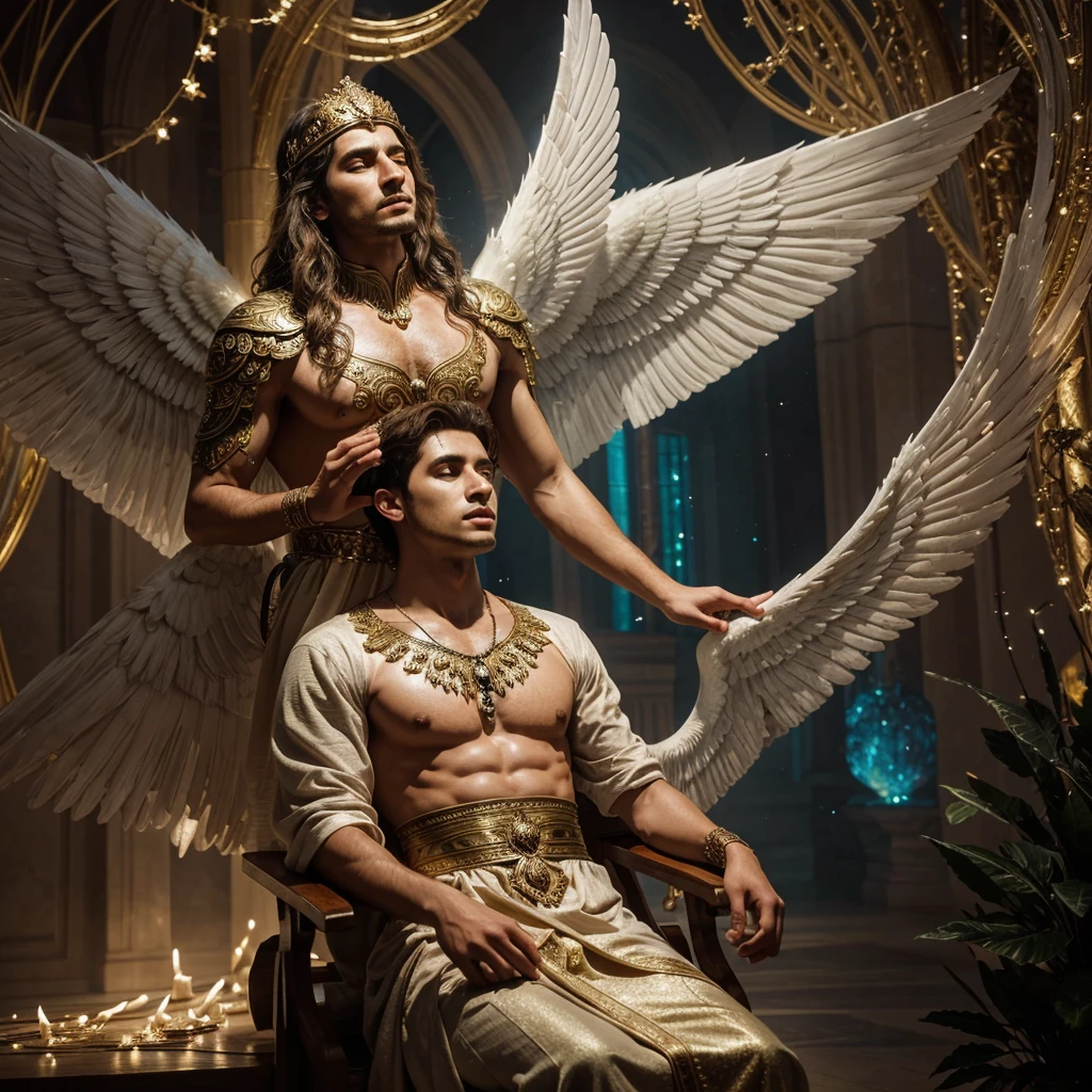 A majestic and ethereal image of the god Mercury hovering in the air, whispering words to a young man seated before him. the young man is lost in his thought. The scene is depicted in an epic, realistic, and fantastical style. The god is portrayed with intricate details: his flowing robes shimmering in iridescent hues, his face exuding wisdom and power, and his wings glowing with an otherworldly light. This captivating painting captures the essence of divine communication in a vivid and mesmerizing way, showcasing the artist's exceptional talent and attention to detail.