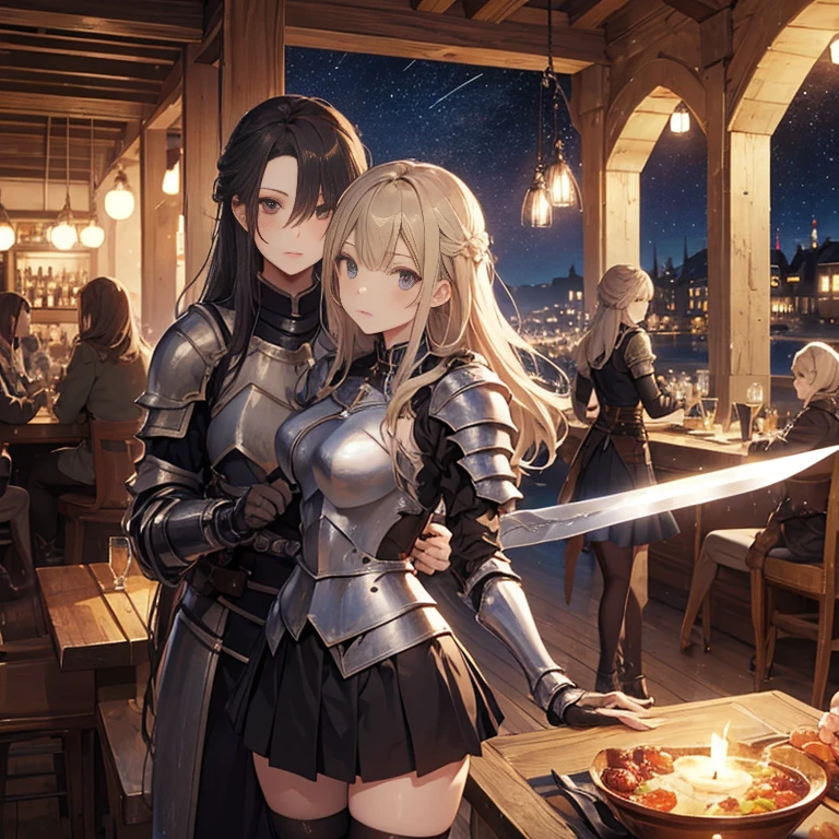 A group of young female knight, (in tavern), various hair styles, harem, wearing armored clothes, metal armor, night, details face, , short skirt, seducing, sword, sleeveless , night, starry night 